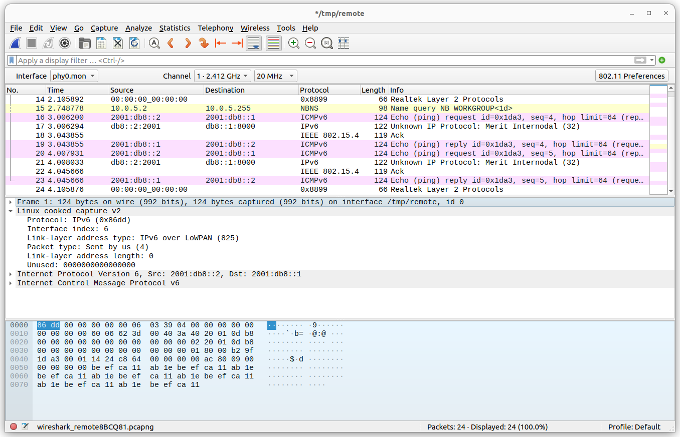 Wireshark ping6 -I lowpan0 2001:db8::1 -c 5 -p ca11ab1ebeef